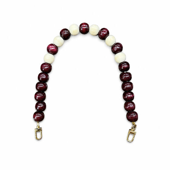 AHŞAP BORDO-KREM RENGİ YUVARLAK BONCUKLU ÇANTA SAPI 40 CM